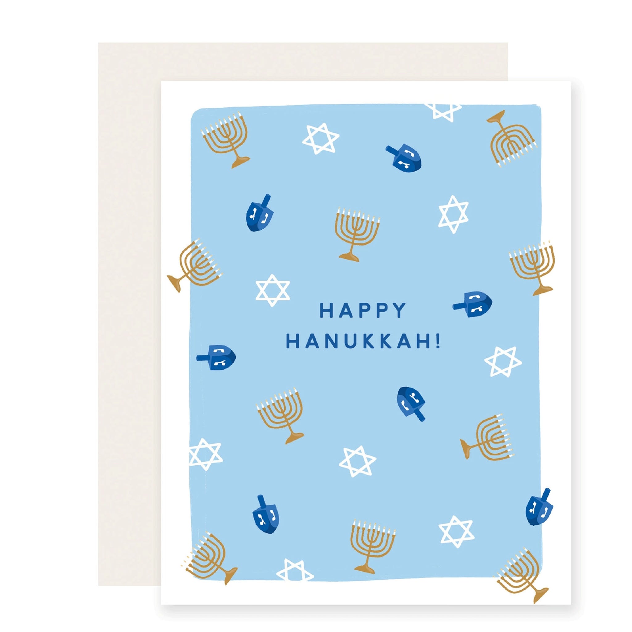 Happy Hanukkah Greeting Card with blue and gold dradles and menorahs on a white background