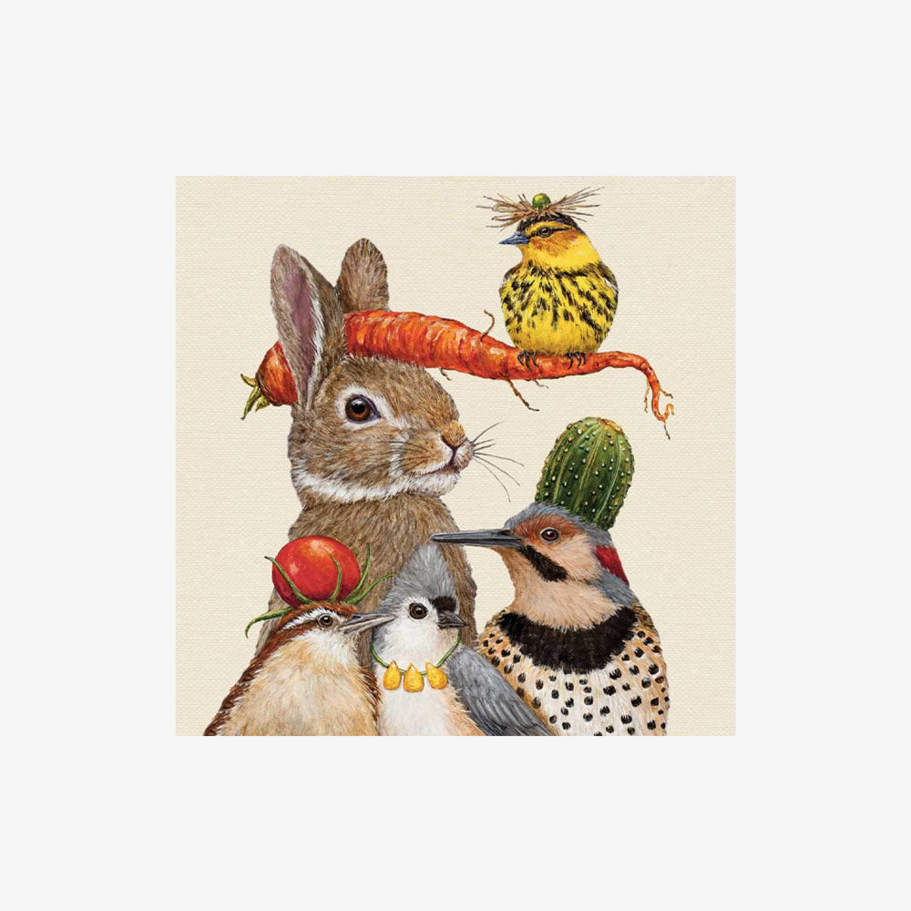 Harvest Party Cocktail Napkin  with rabbit and birds and vegetables as hats on a white background 