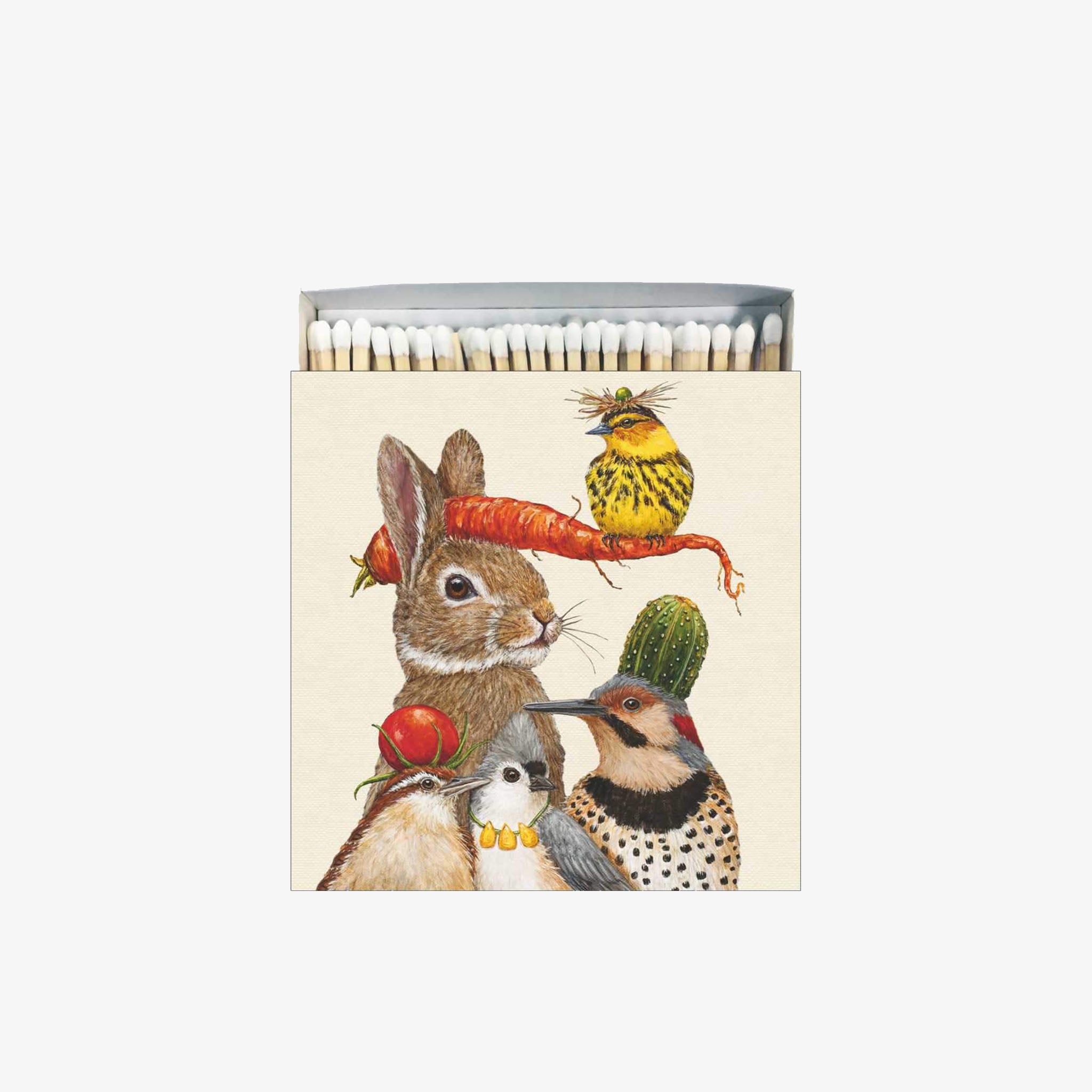 'Harvest Party' paper products designs square match box with rabbit and birds and fruit on a white background