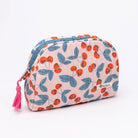 Cosmetic pouch with Cherry pattern and blue accents on a white background