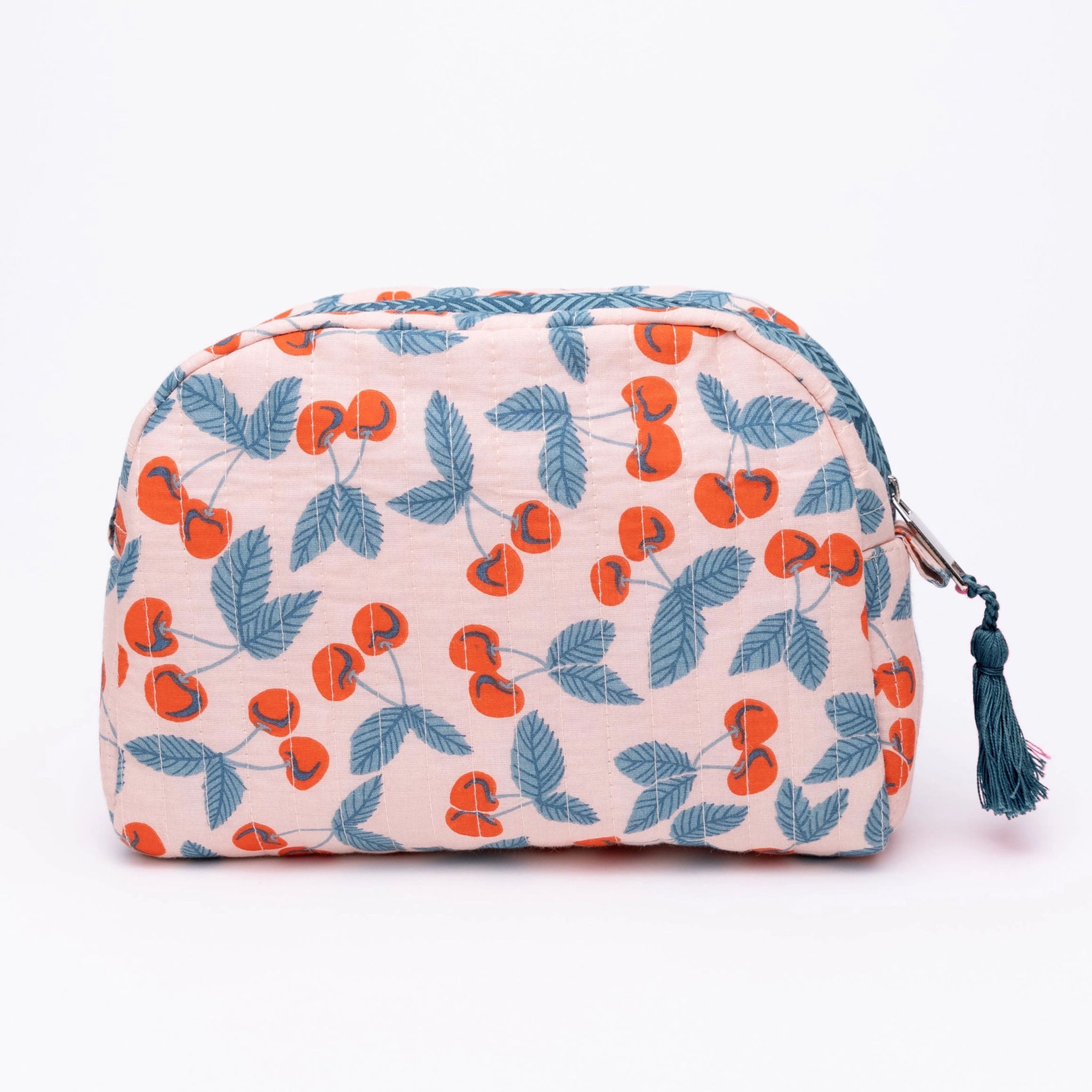 Cosmetic pouch with Cherry pattern and blue accents on a white background