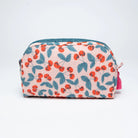 Cosmetic pouch with Cherry pattern and blue accents on a white background