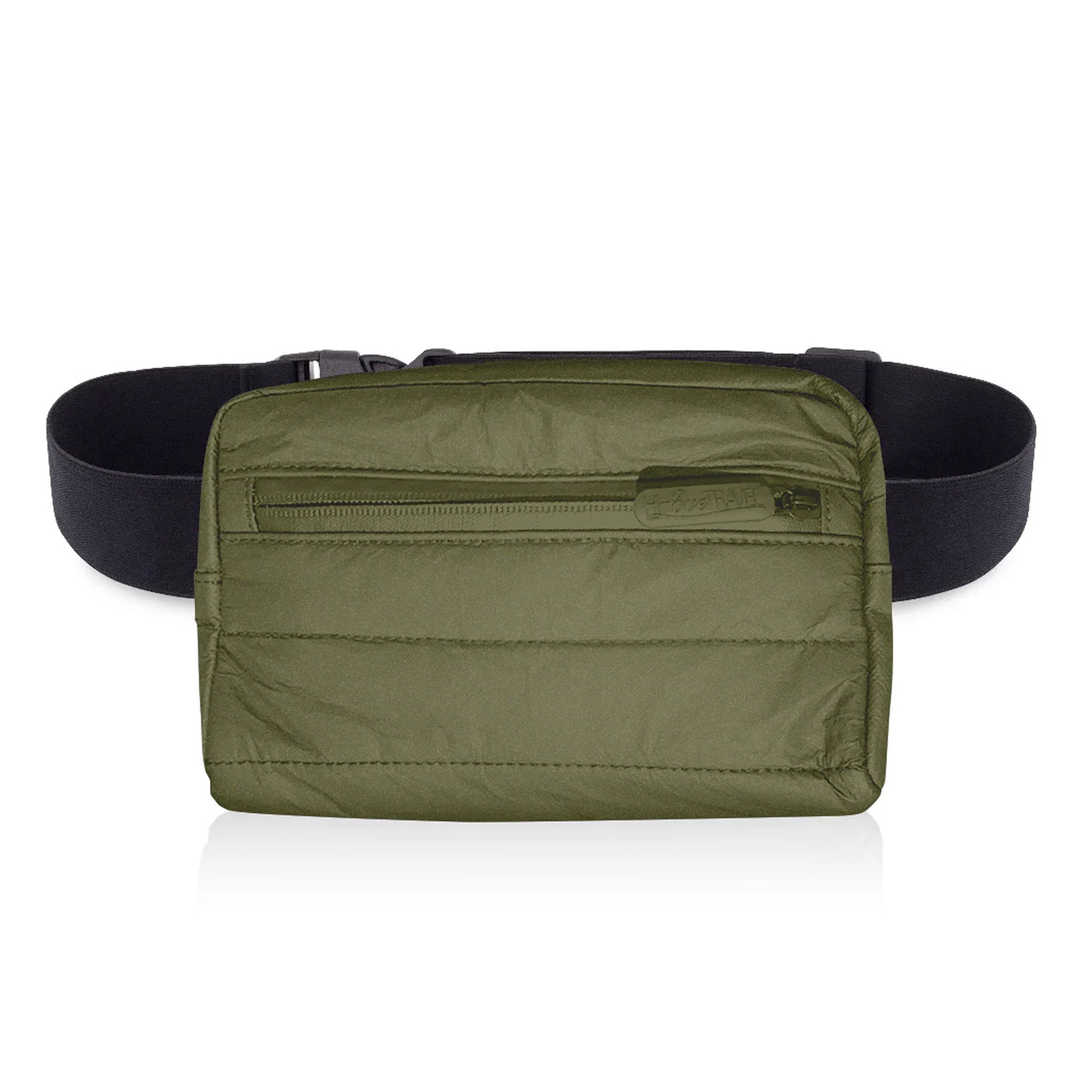 Hi Love Puffer Fanny Pack in Shimmer Army Green on a white background