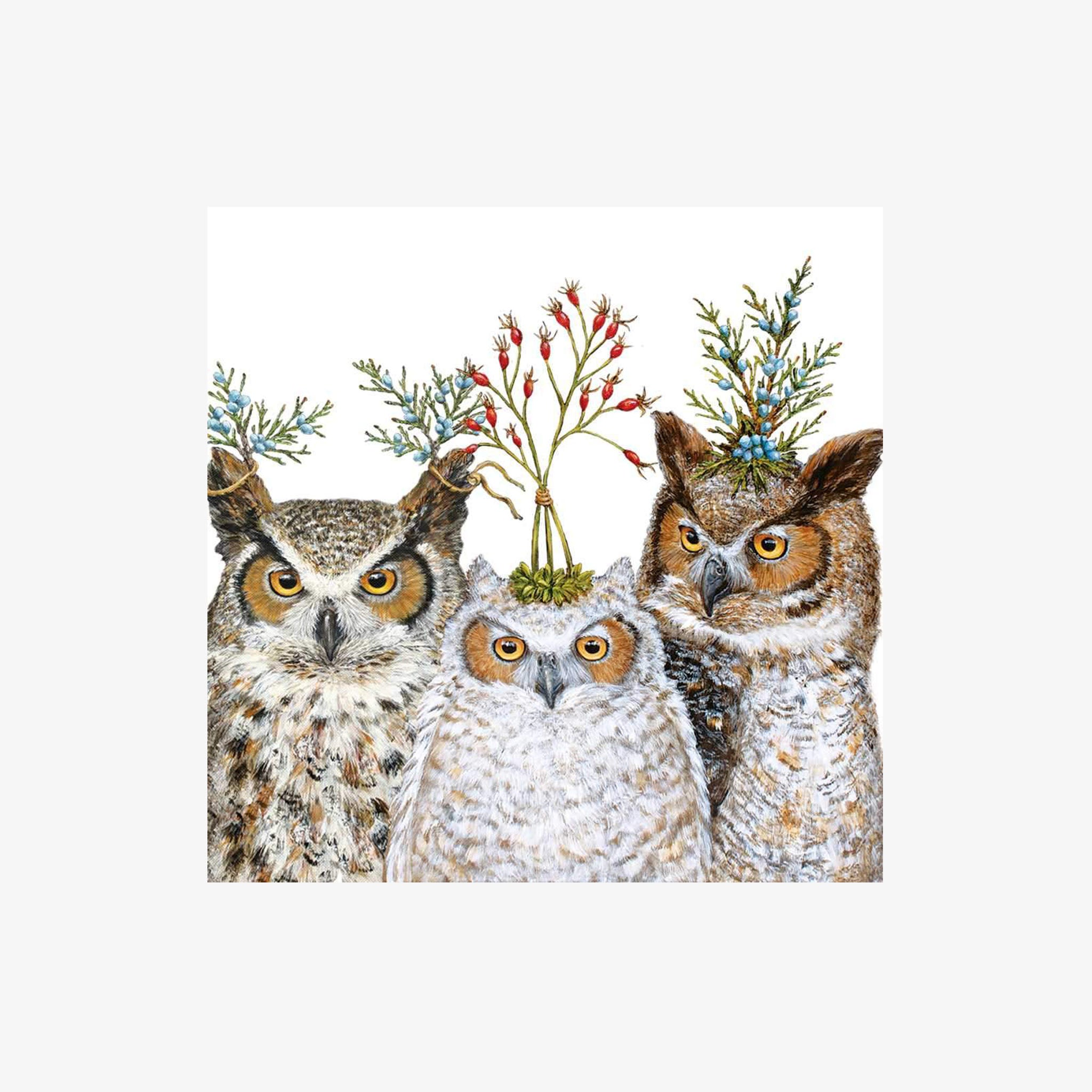 Holiday Hoot Cocktail Napkin with three owls