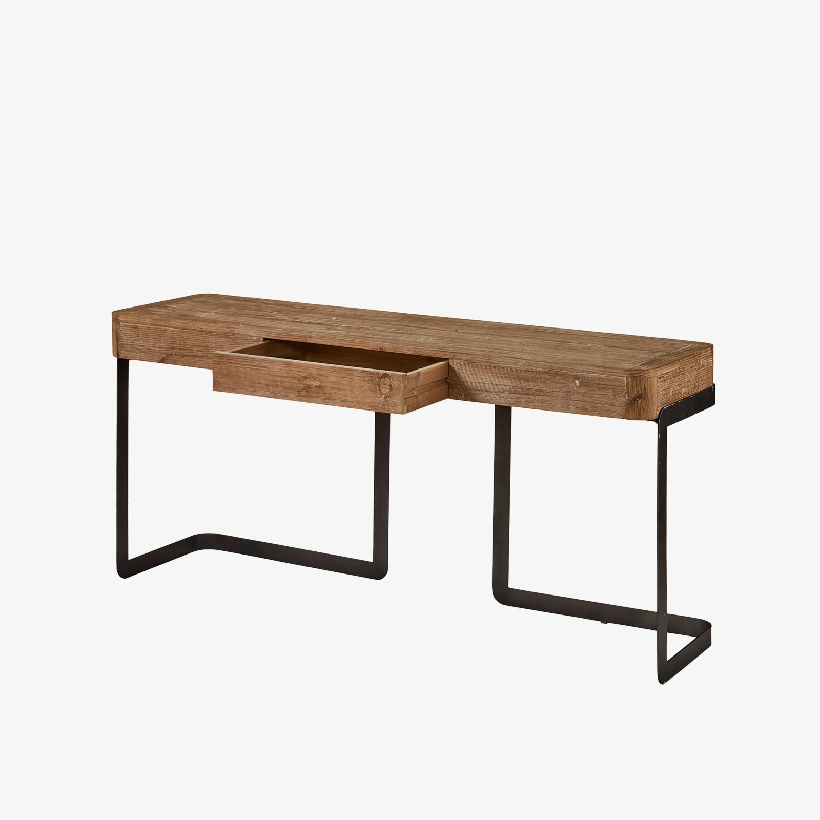 Rhenium wood console with black legs on a white background