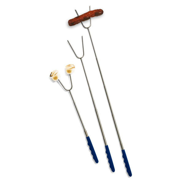 Extendable roasters with marshmallows and hot dogs on a white background