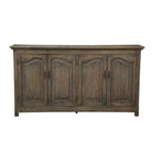 Wood console with four doors with carved curved wood in a brown wire brish finish