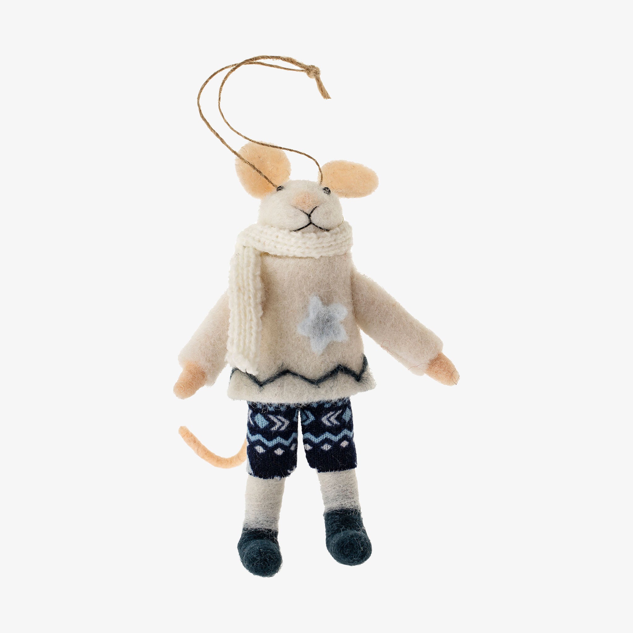 Indaba brand 'Icelandic Ian' felted mouse ornament with pink sweater and black icelandic pattern pants on a white background