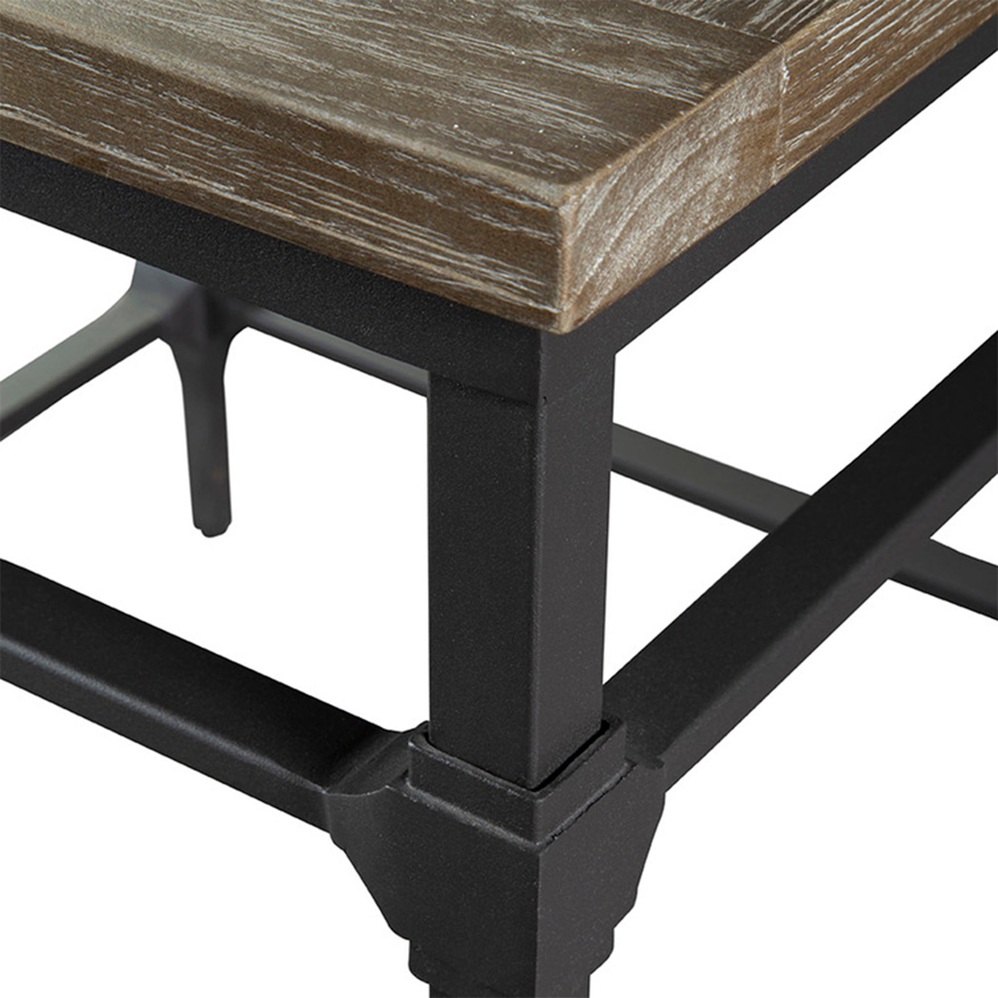 Square end table with black iron legs and wood inlay top on a white background