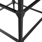 Square end table with black iron legs and wood inlay top on a white background