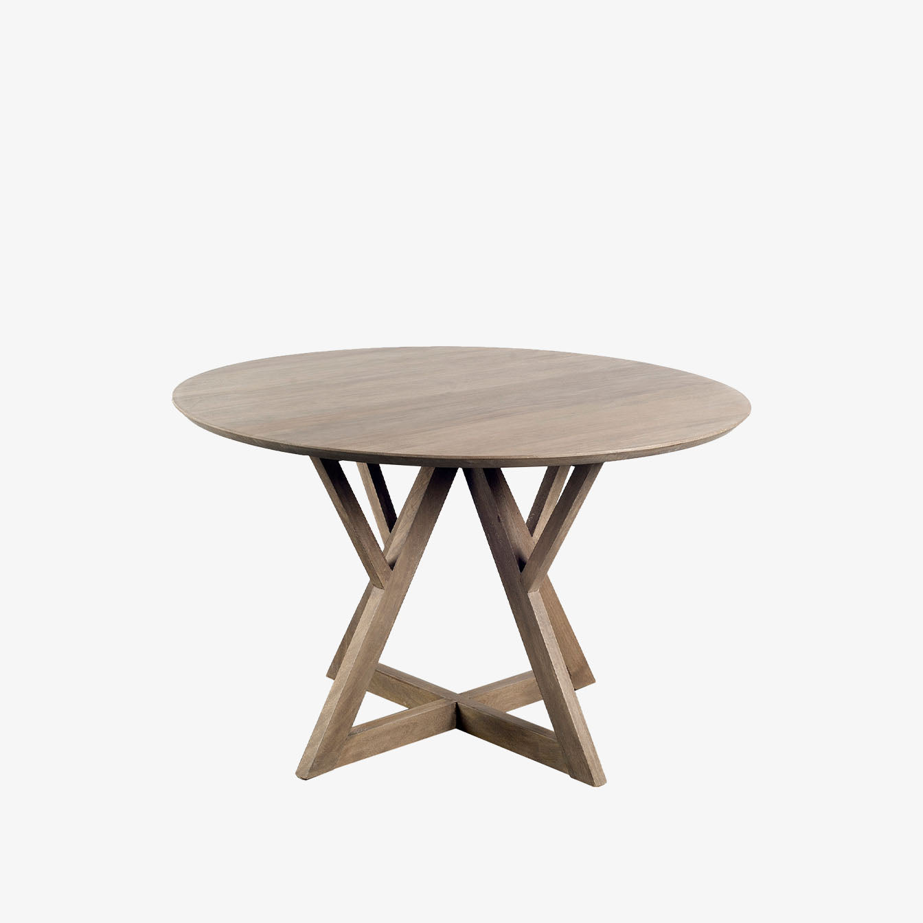 Round wood dining table with open wood braced base on a white background