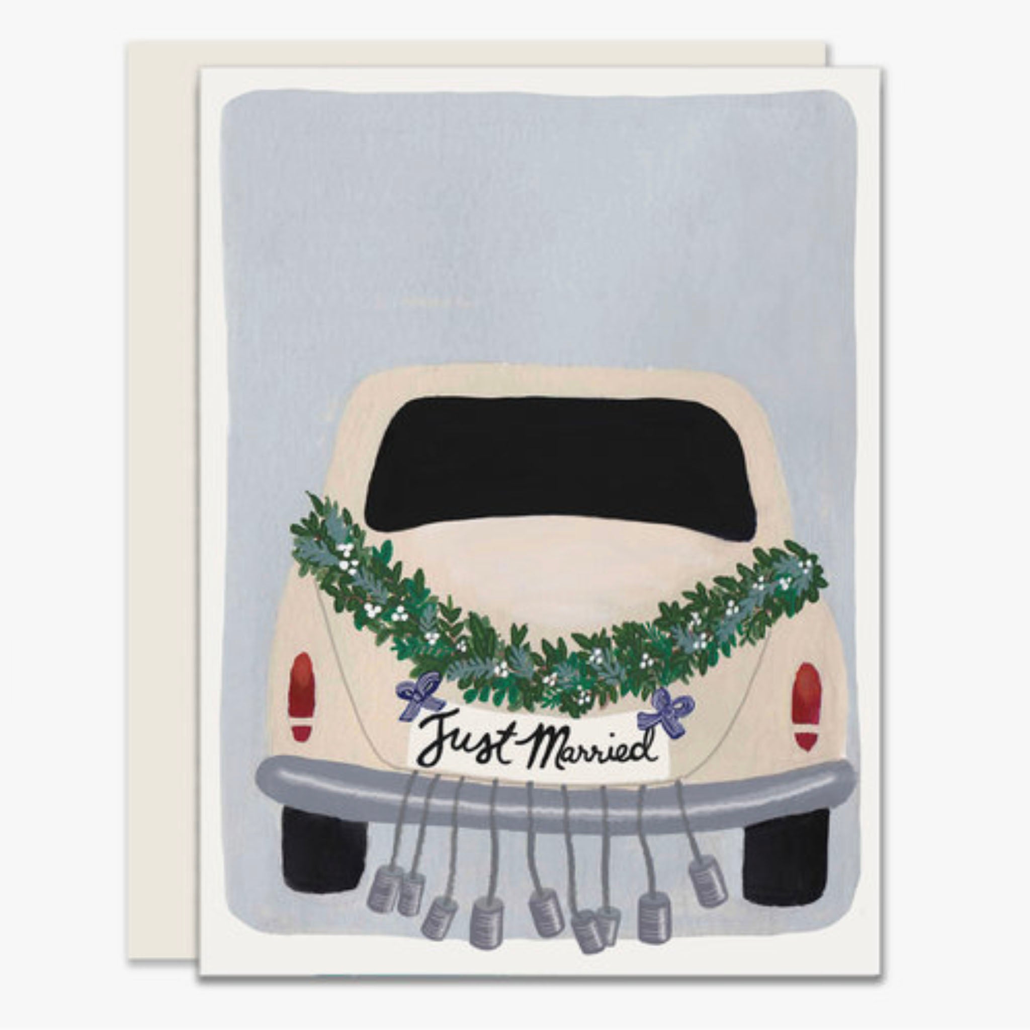 Just Married Greeting Card with illustration of car with garland and cans behind it on a white background