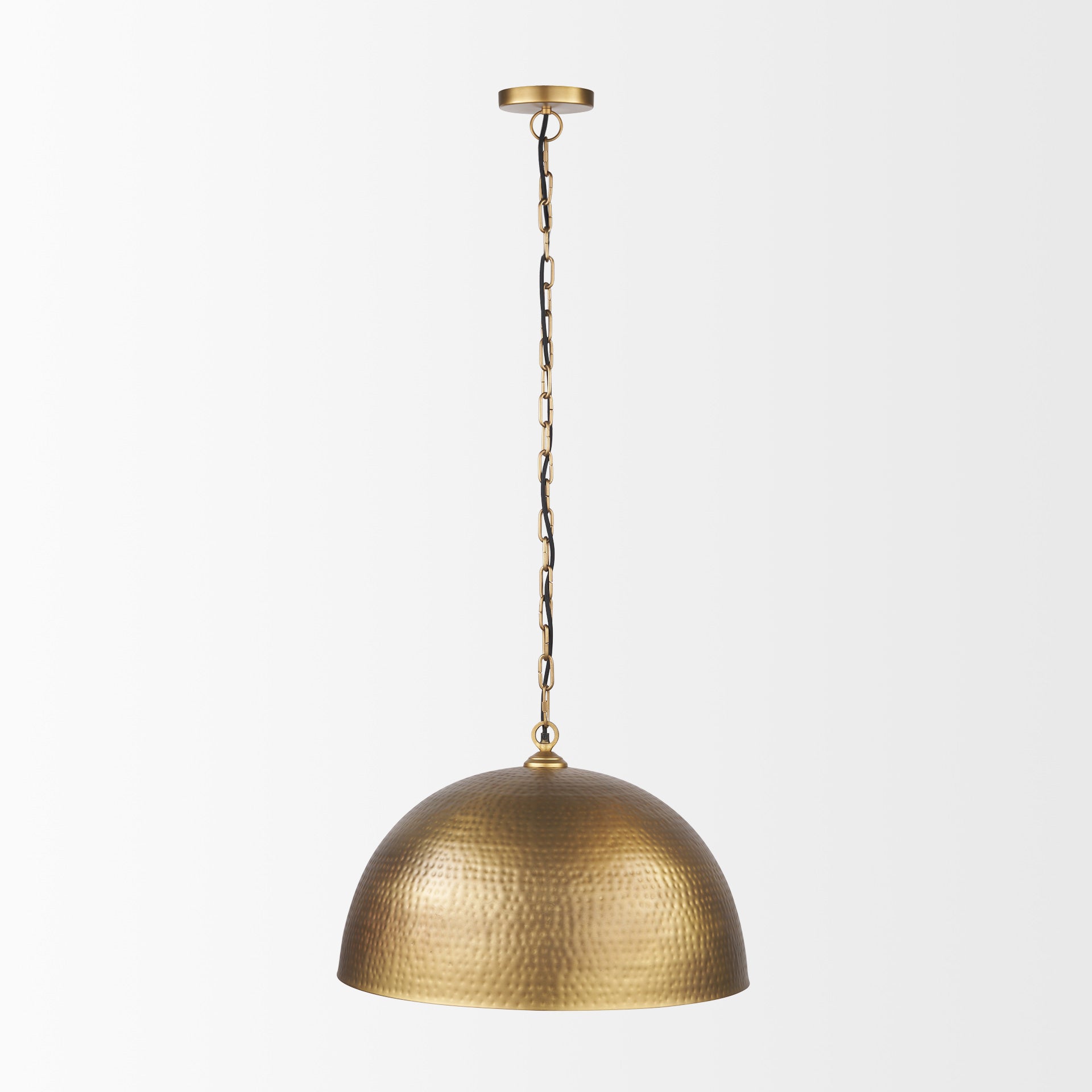 Karina 24" Round Brass-tone Hammered Metal Dome Pendant Light on a white background