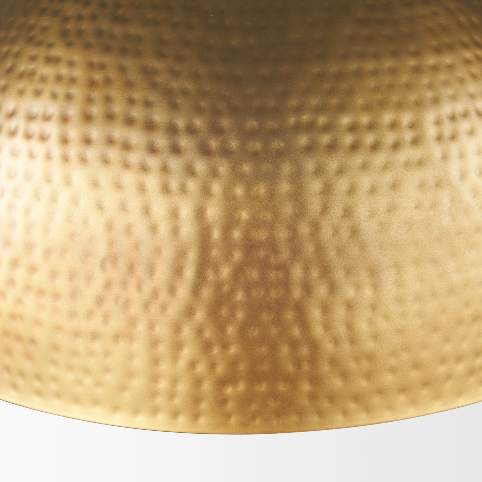 Close up of Karina 24" Round Brass-tone Hammered Metal Dome Pendant Light on a white background