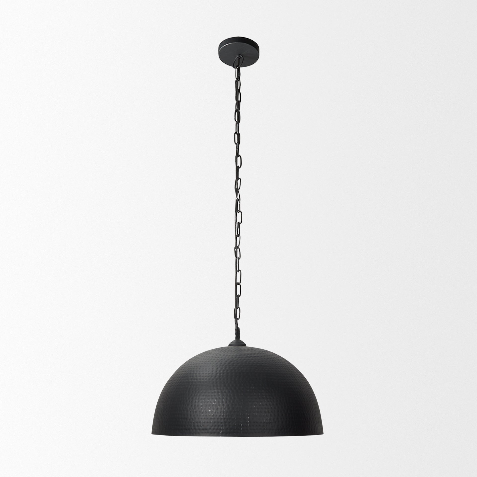 Karina 24" Round Matte Black Hammered Metal Dome Pendant Light on a white background