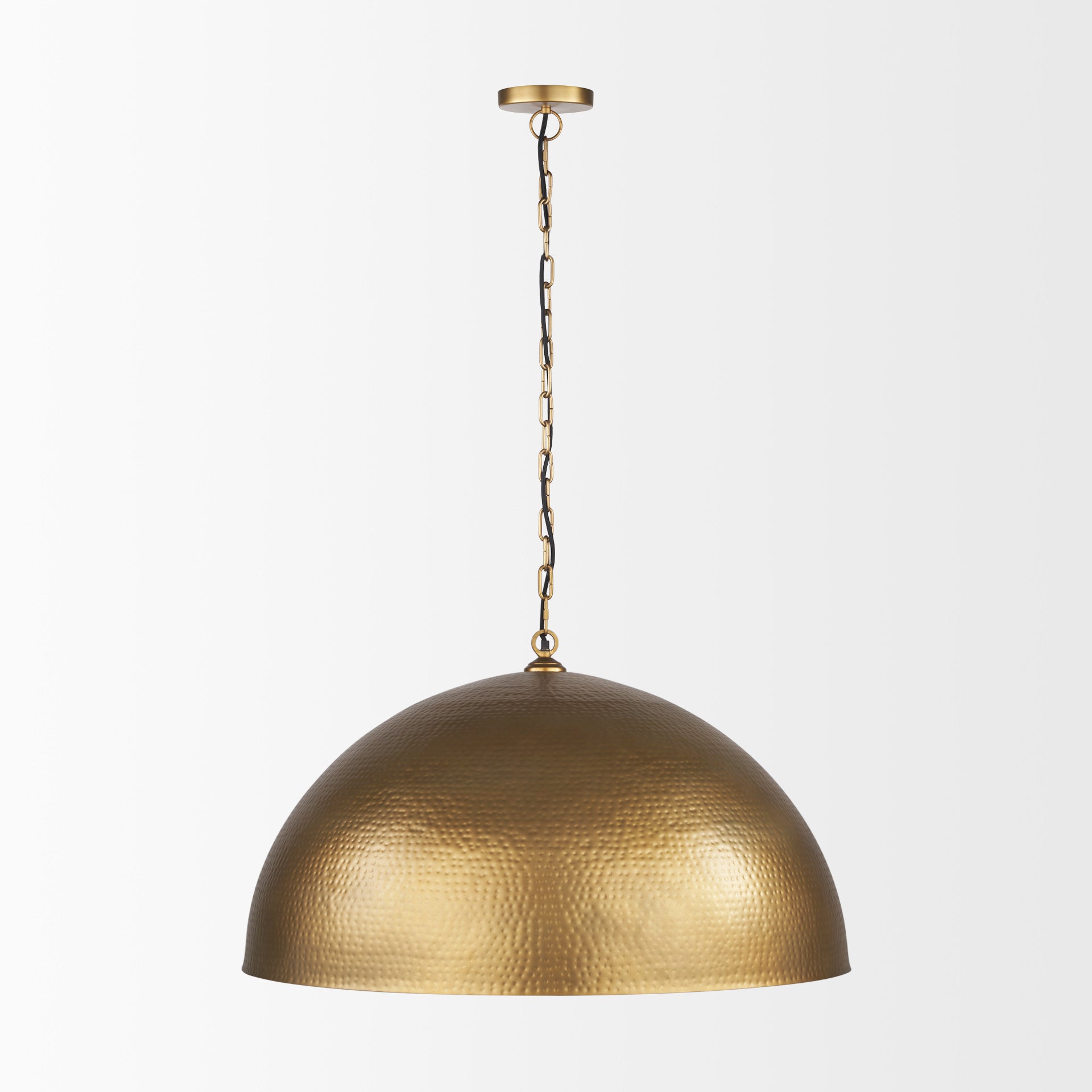 Karina 36" Round Brass-tone Hammered Metal Dome Pendant Light on a white background