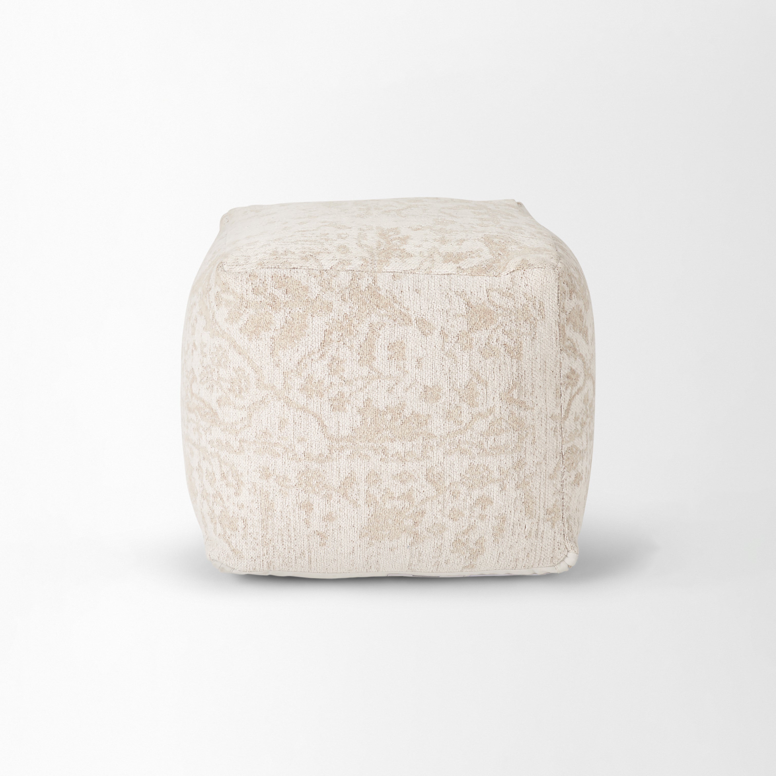 Khloe Small Taupe jacquard cotton woven chenille Pouf in cream on a white background