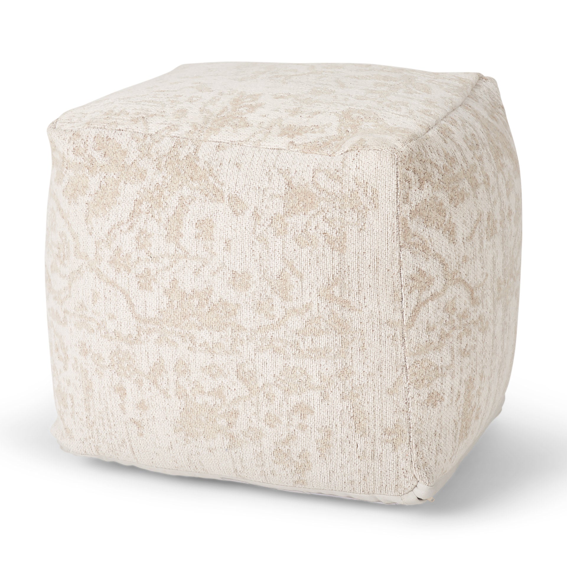 Khloe Small Taupe jacquard cotton woven chenille Pouf in cream on a white background