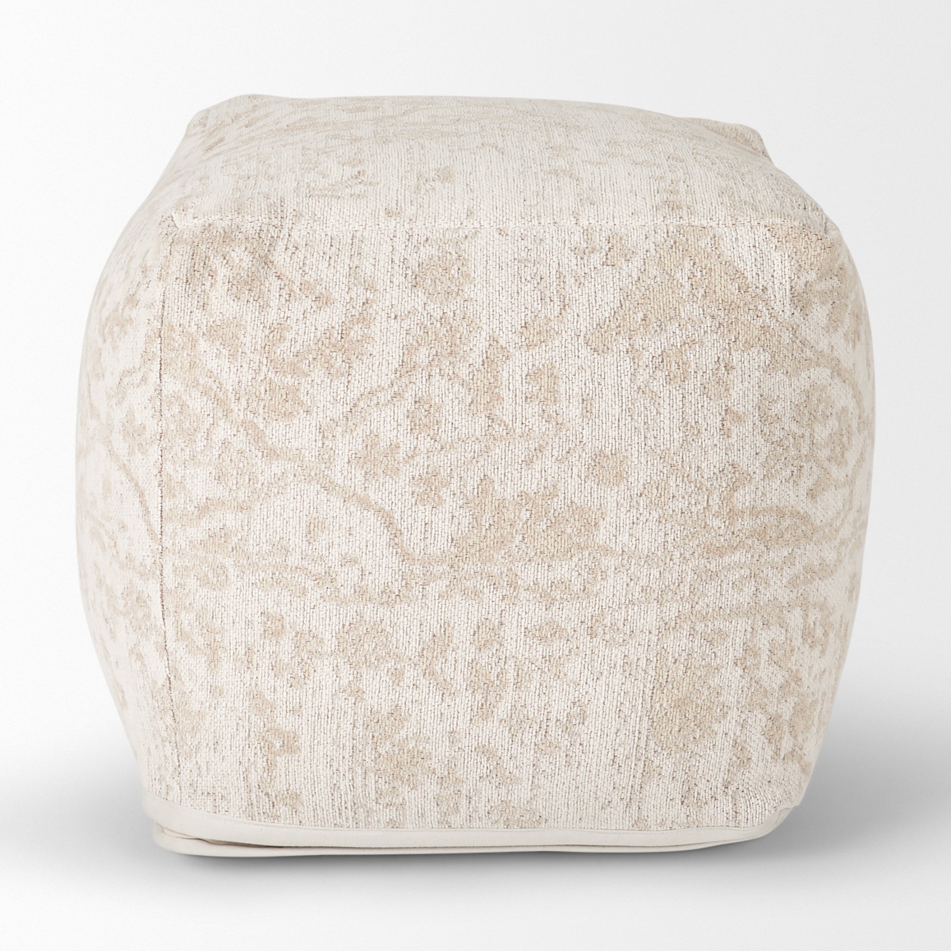 Khloe Small Taupe jacquard cotton woven chenille Pouf in cream on a white background