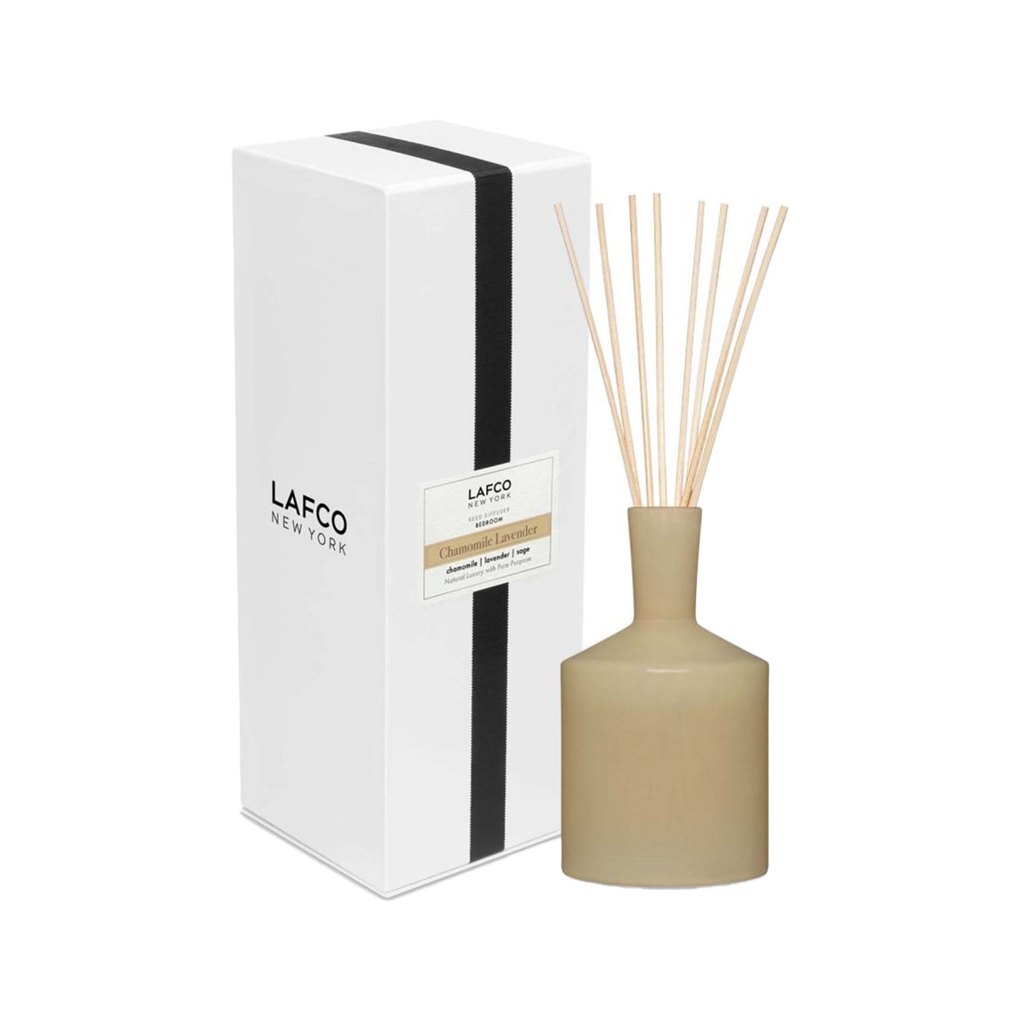 Lafco chamomile lavendar diffuser on a white background with white box next to it 