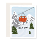 Set of six Greeting card with gondola and mountains and 'let it snow' on a white background