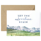 Let The Adventure Begin Greeting Card  with forest and mountains on a white background