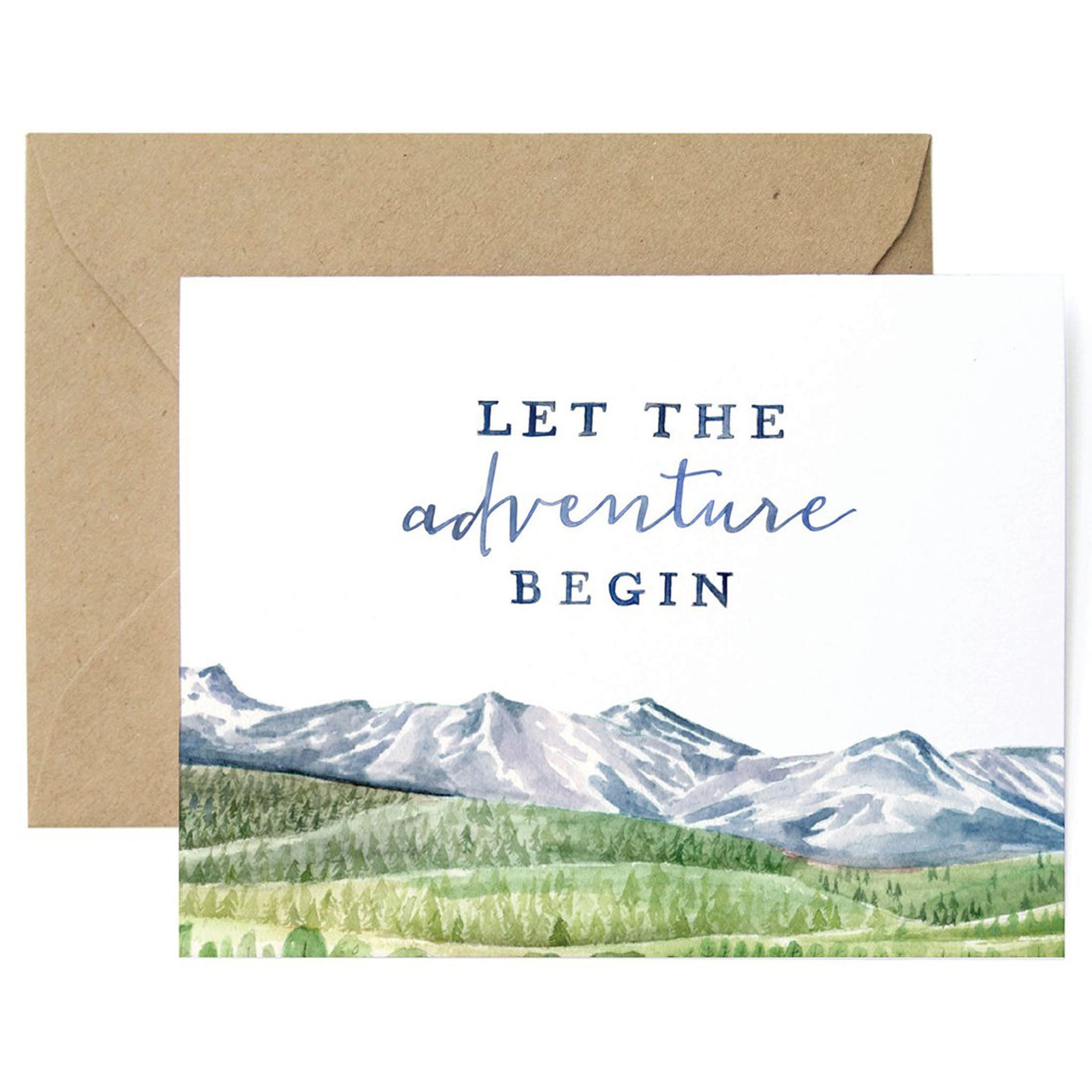 Let The Adventure Begin Greeting Card  with forest and mountains on a white background