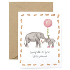 New baby greeting card with large and small elephant and a pink balloon that says 'congrats on your little peanut'