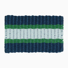 Lobster Rope Outdoor Doormat in Navy with Green and Seafoam stripes on a white background