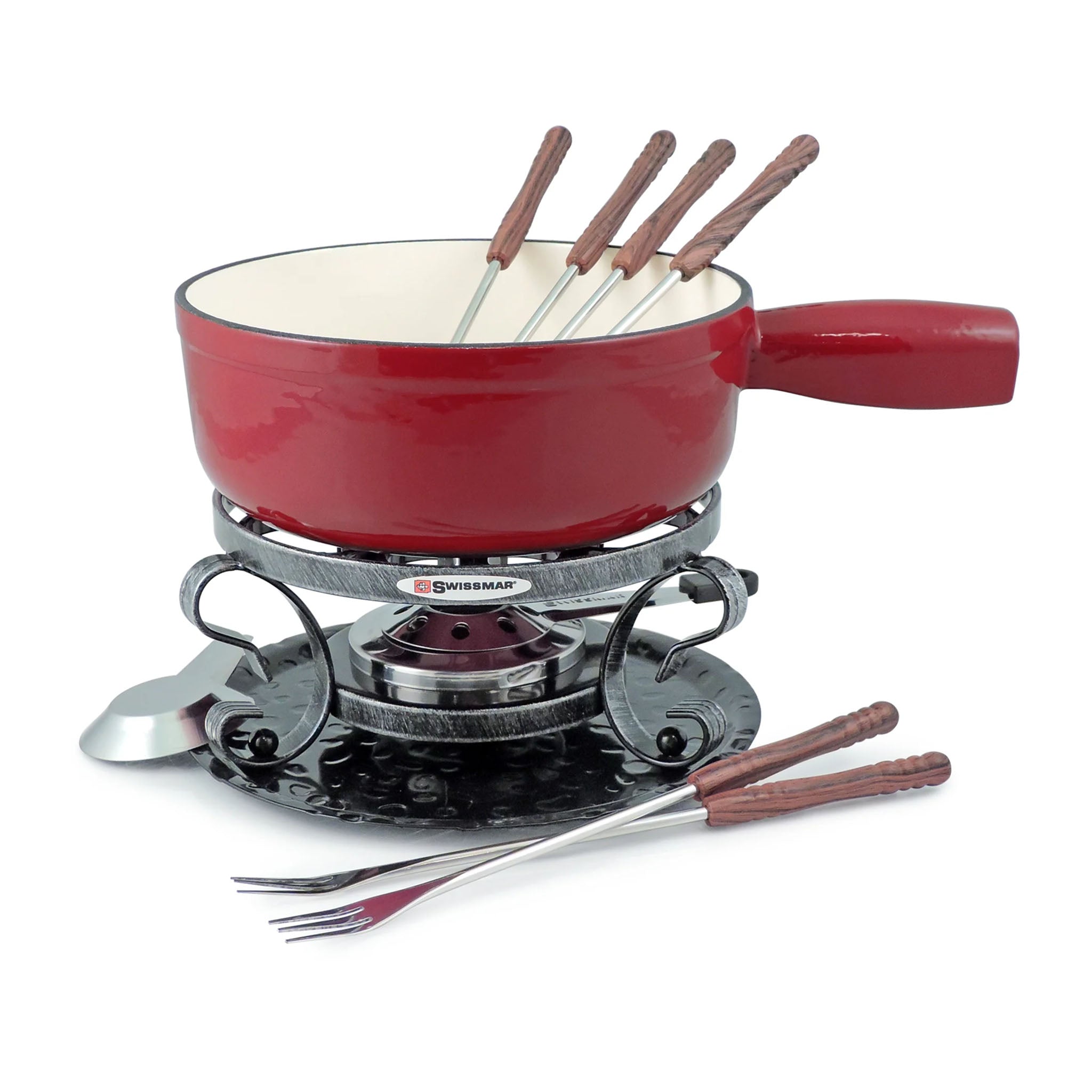 Swissmar Lugano 9 Piece Cast Iron Fondue Set in Cherry Red on a white background