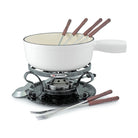 Swissmar Lugano 9 Piece Cast Iron Fondue Set in White on a white background