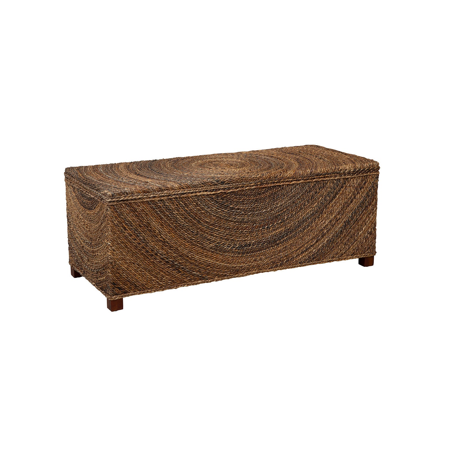 Furniture classics Madura storage bench with woven seagrass sides and lid on a white background