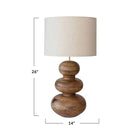 Mango wood table lamp with linen shade on white background with dimensions listed from Addison West