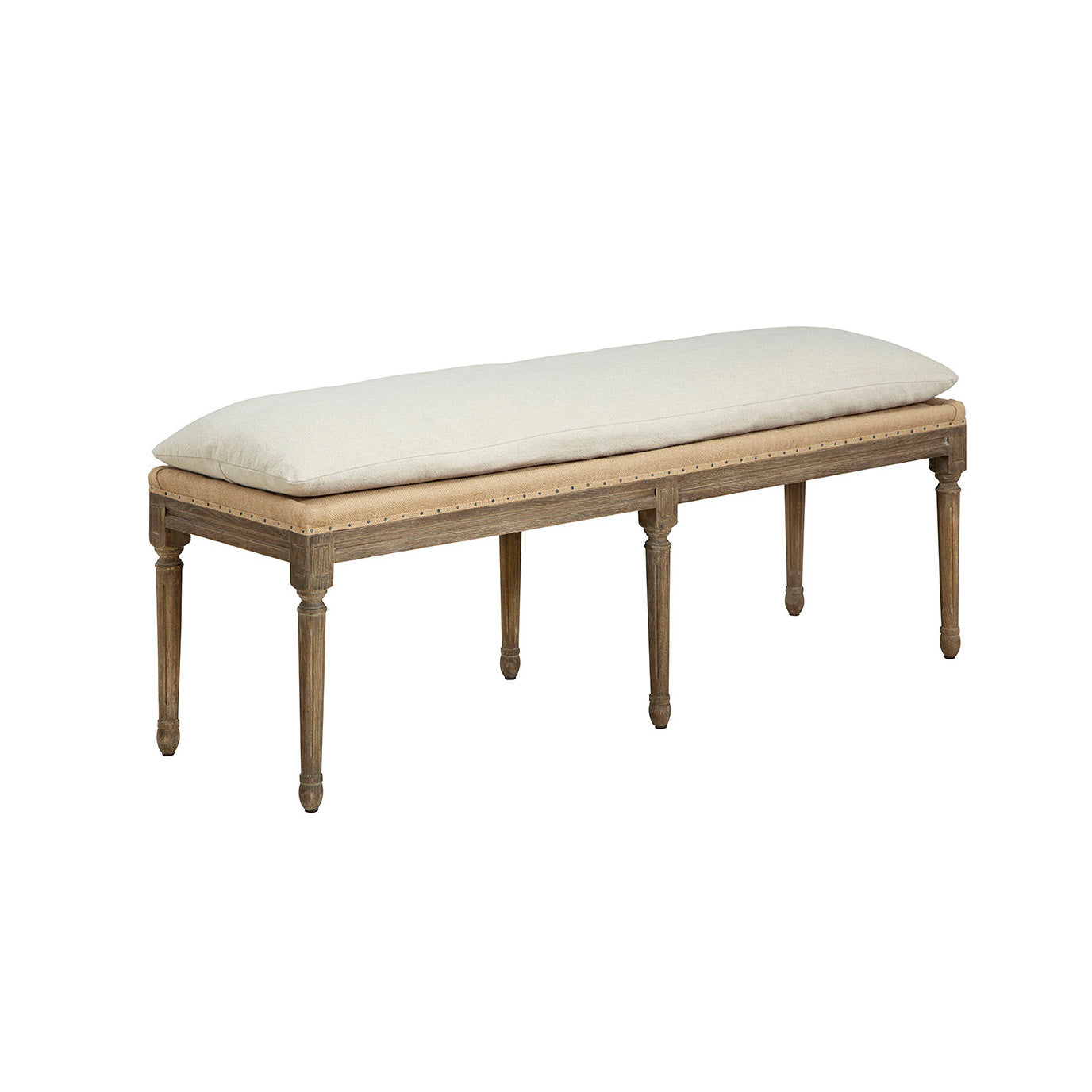 Furniture classics milton bench with loose neutral cushion on top of classic light wood carved legs on a white background