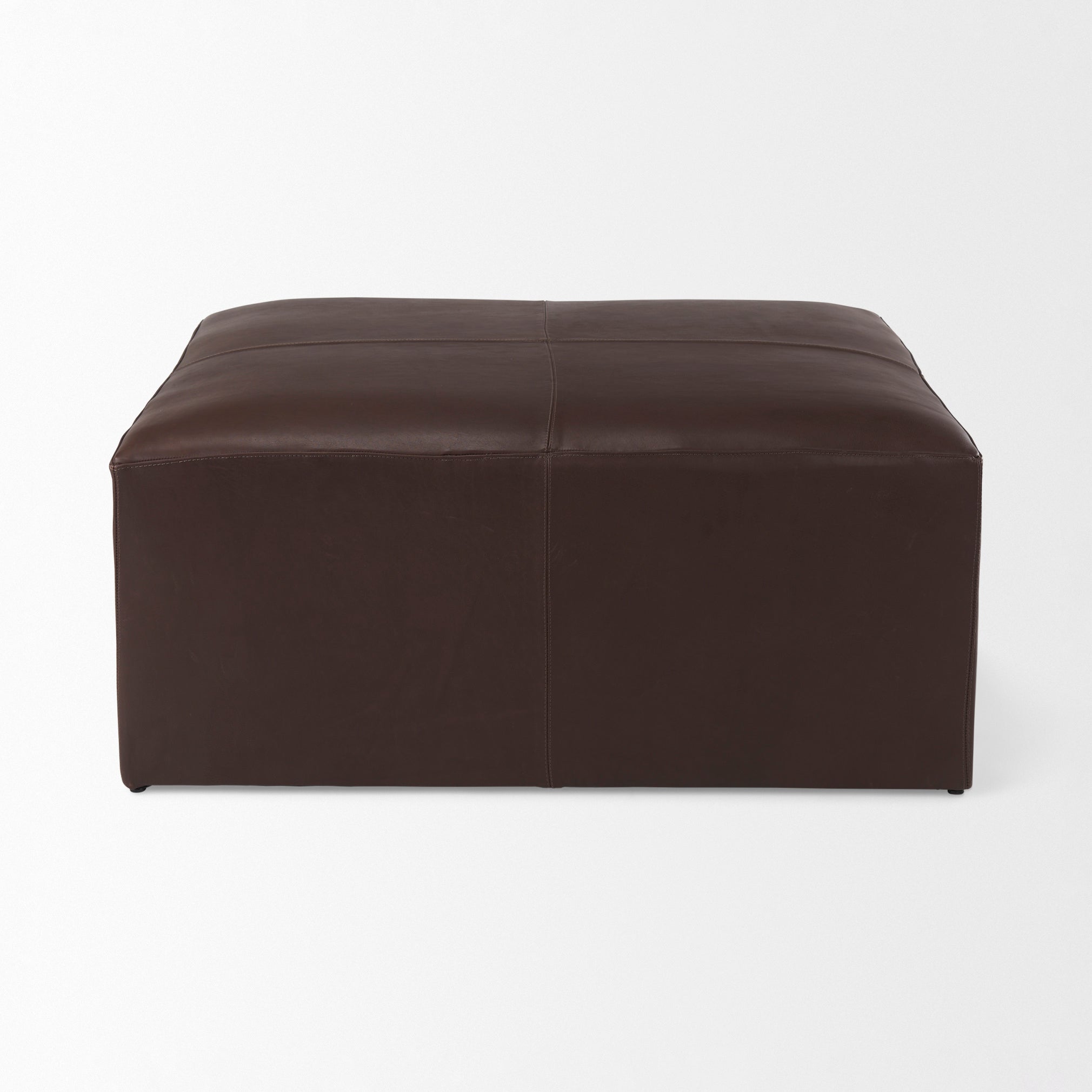 Mercana brand Minara 36L Square Dark Brown Leather Wrapped Ottoman on a white background