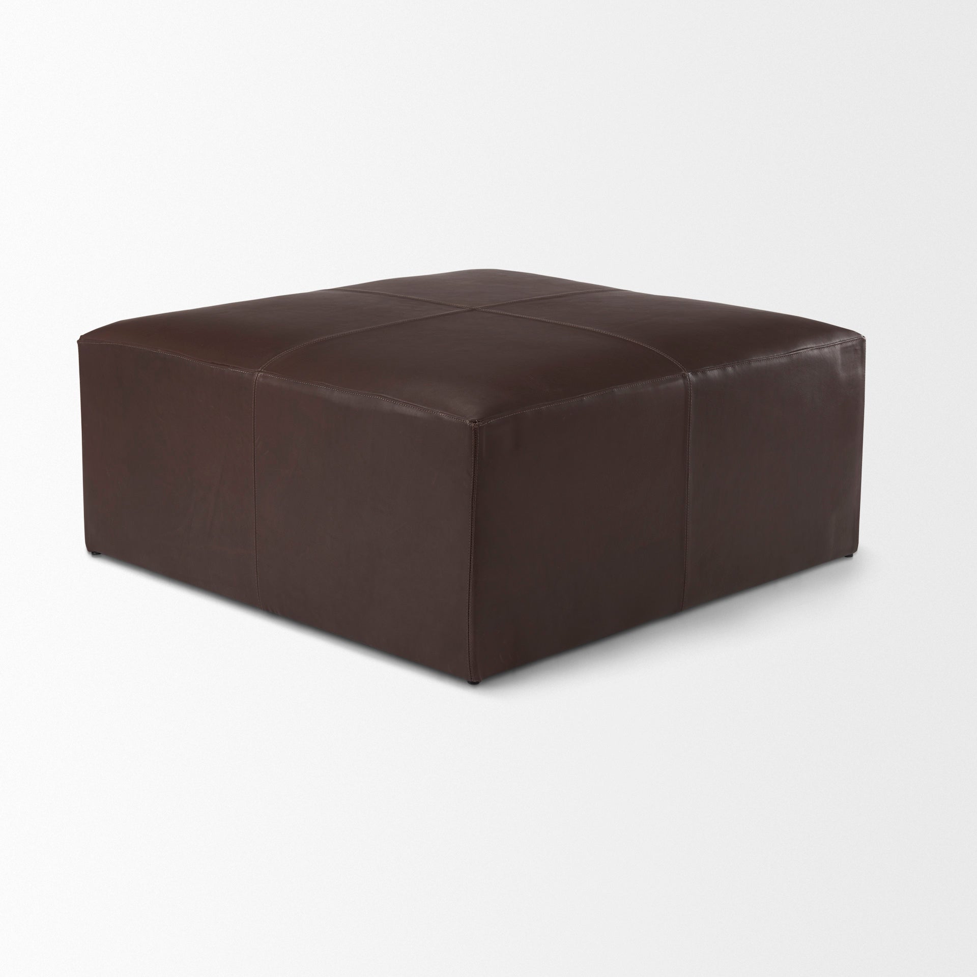 Minara 36L Square Dark Brown Leather Wrapped Ottoman on a white background