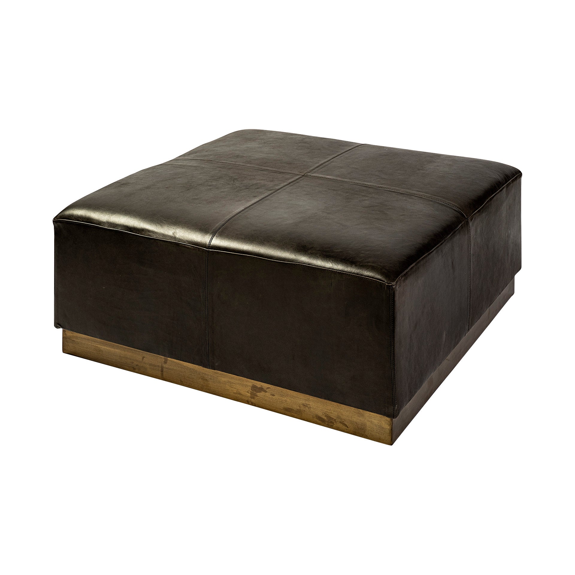 Minara 36" Square Black Leather Wrapped with Metal Base Ottoman on a white background