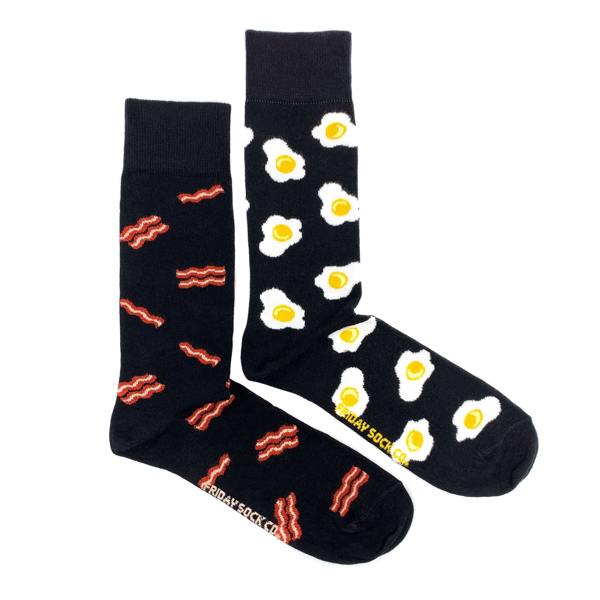 Mismatched Men's Socks with Bacon + Eggs by Friday Sock co on a white background