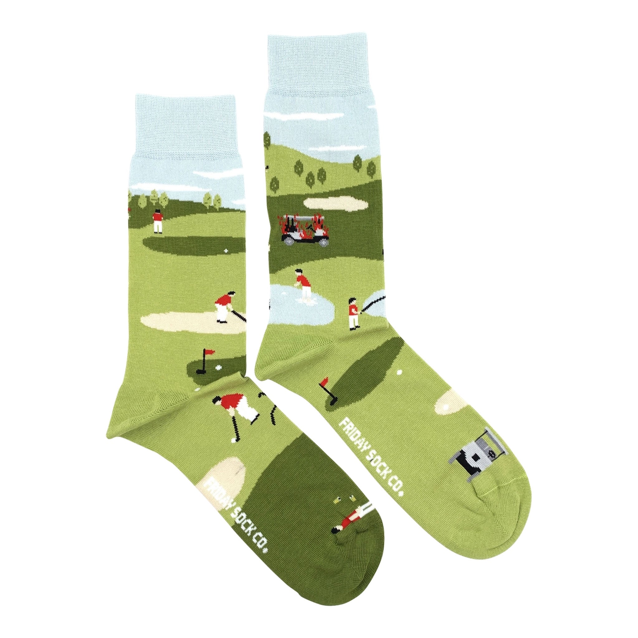 Mismatched Men's Socks in Funny Golf Print on a white background