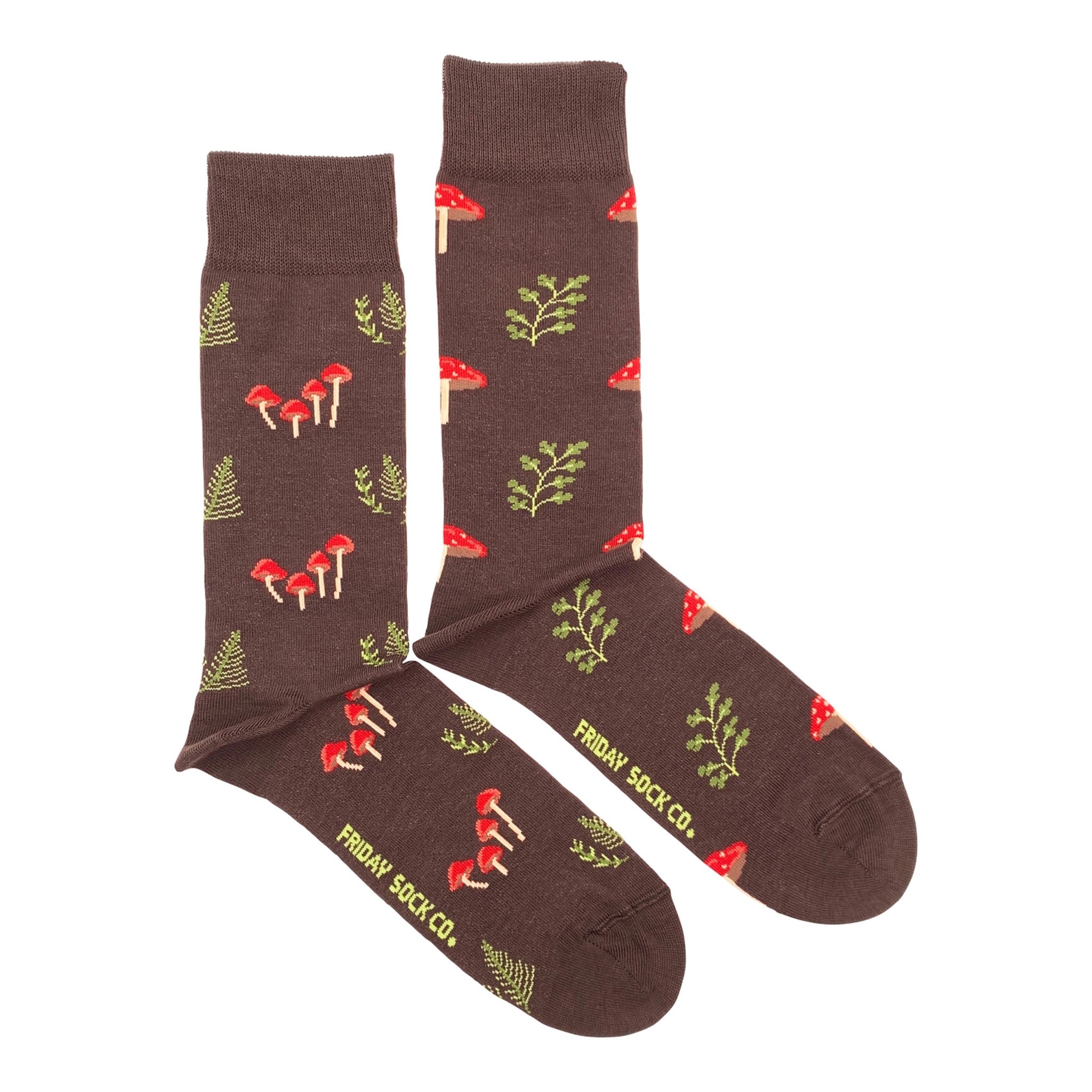 Friday sock company Mismatched Men's Socks in Mushroom Forest Print on a white background