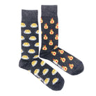 Mismatched Men's Socks in Pancakes + Maple Syrup Print on a white background