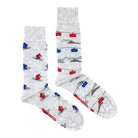 Mismatched Men's Socks in Skis + Gondolas Print on a white background