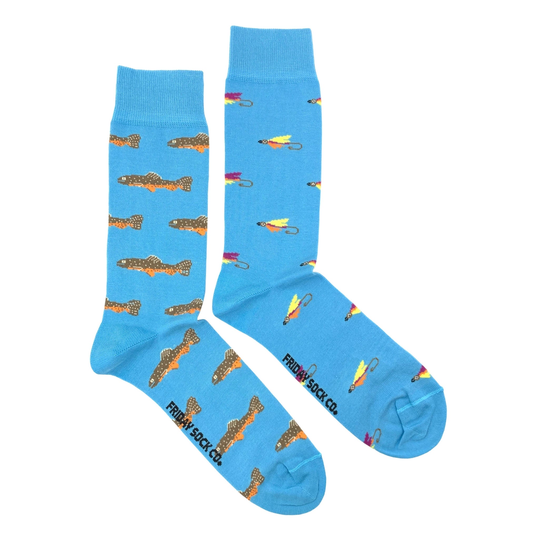 Mismatched Men's Socks in Trout + Fly Print on a white background