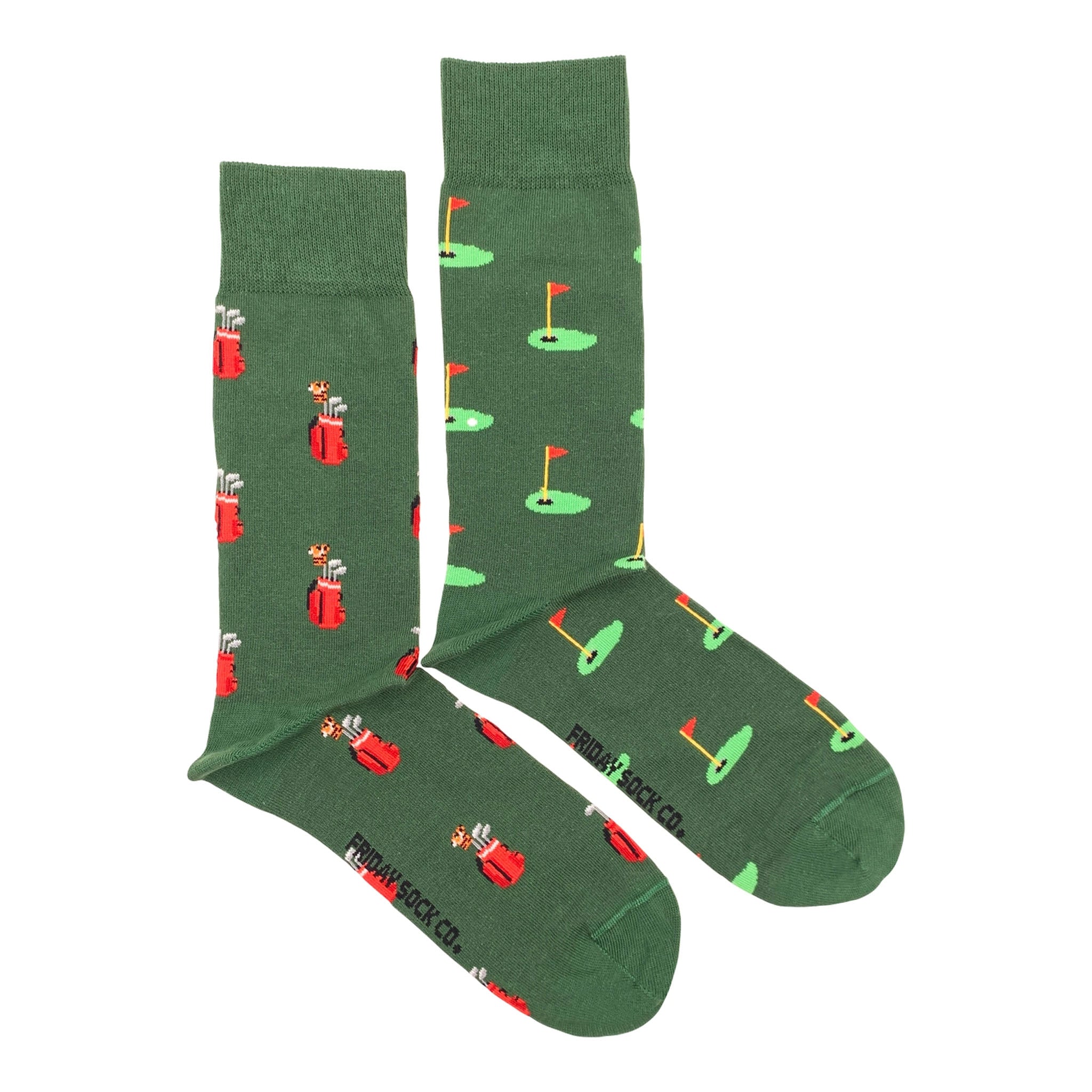 Mismatched Men's Socks in Golf Clubs + Greens Print on a white background