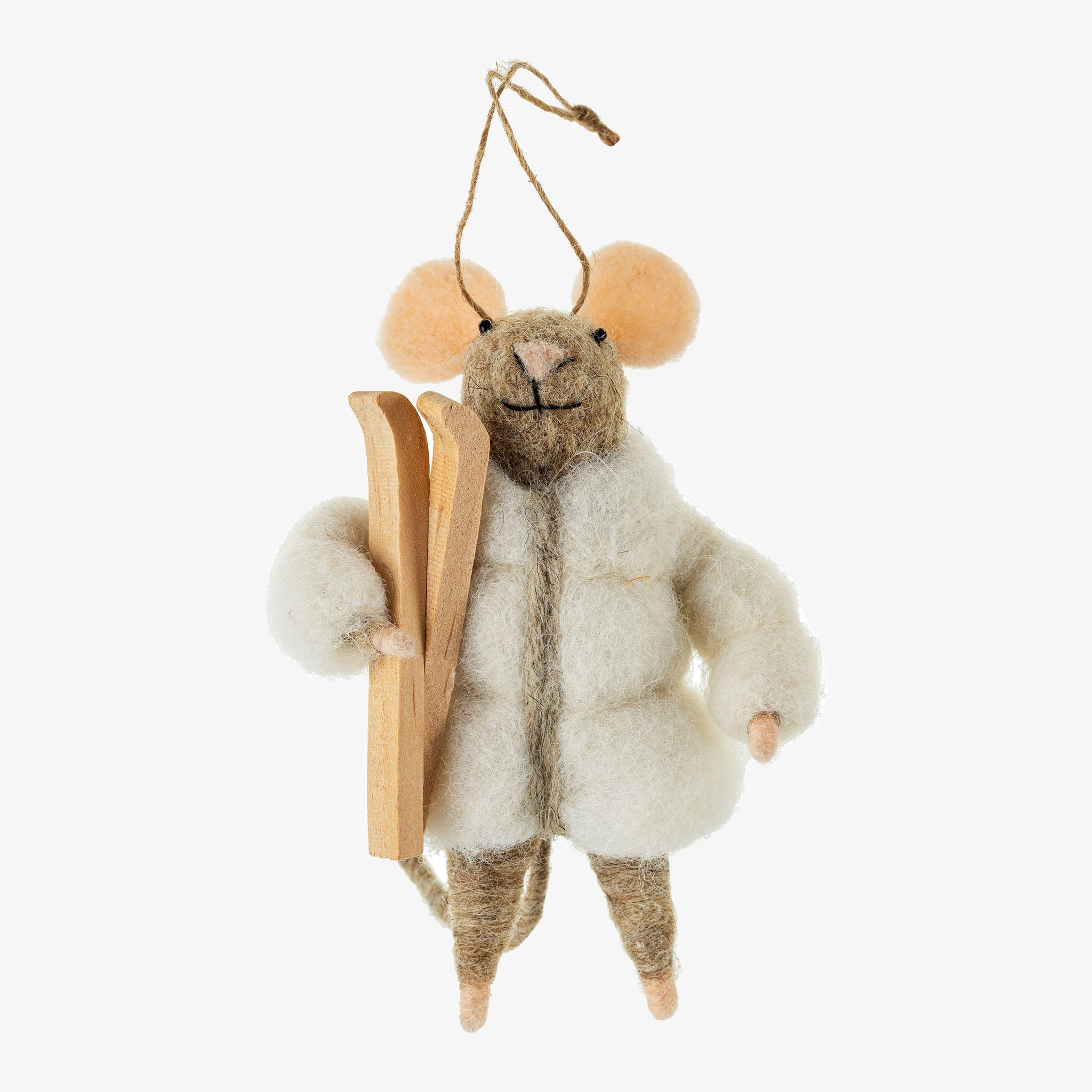 Indaba brand 'montcler mouse' felted mouse ornamemt with white puffy coat and skis on a white background