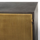 Close up of Newsome II 79Lx16Wx33H Black and Gold Metal 4 Cabinet Door Sideboard