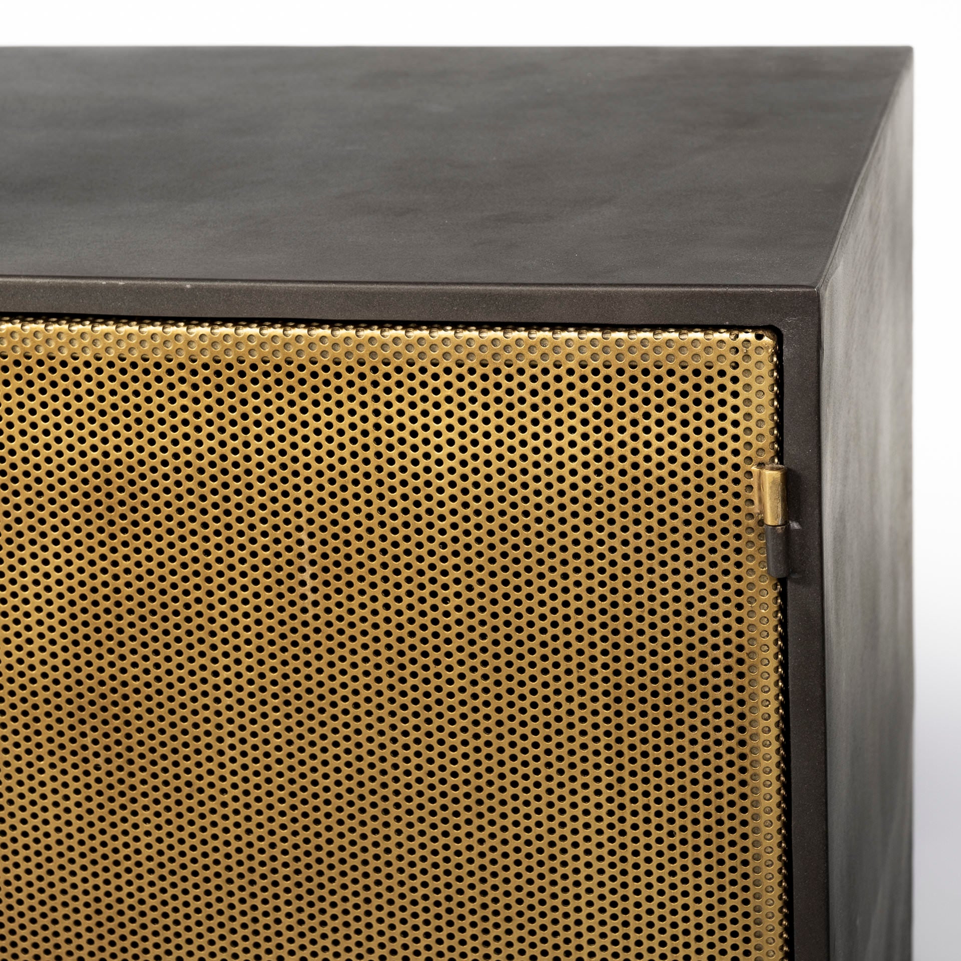 Close up of Newsome II 79Lx16Wx33H Black and Gold Metal 4 Cabinet Door Sideboard