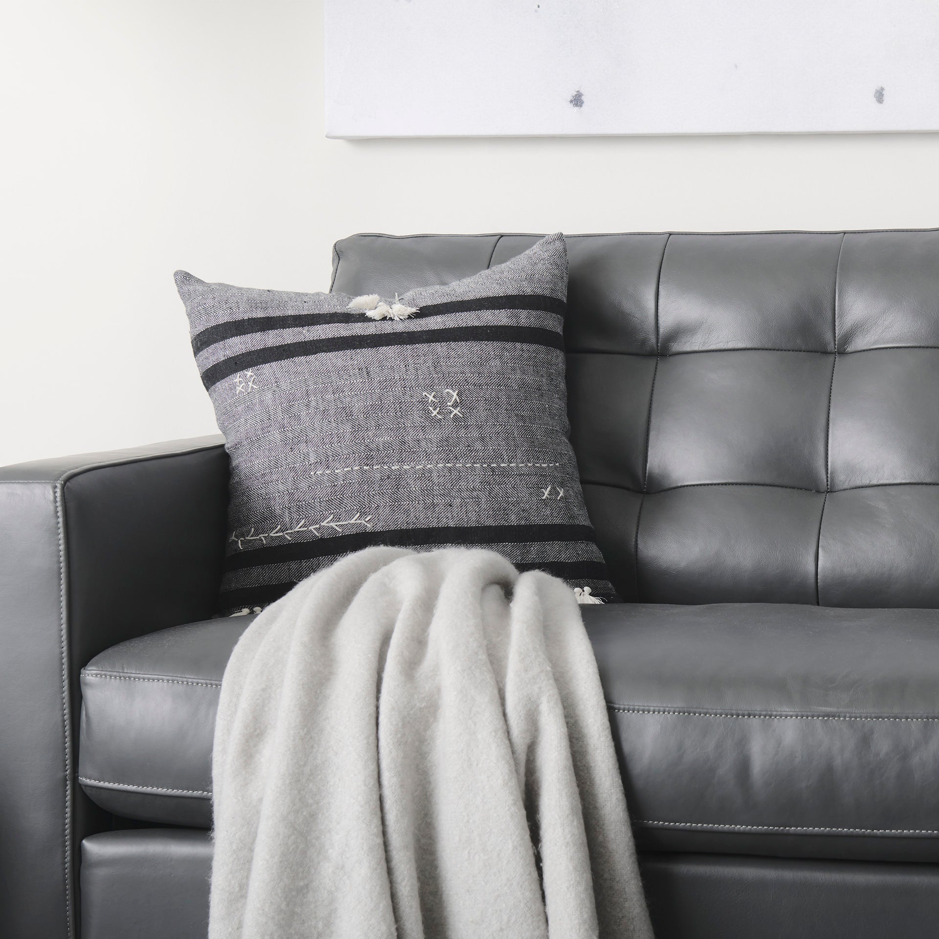 Olaf Grey Leather Sofa on a white background in a modern farmhouse living room