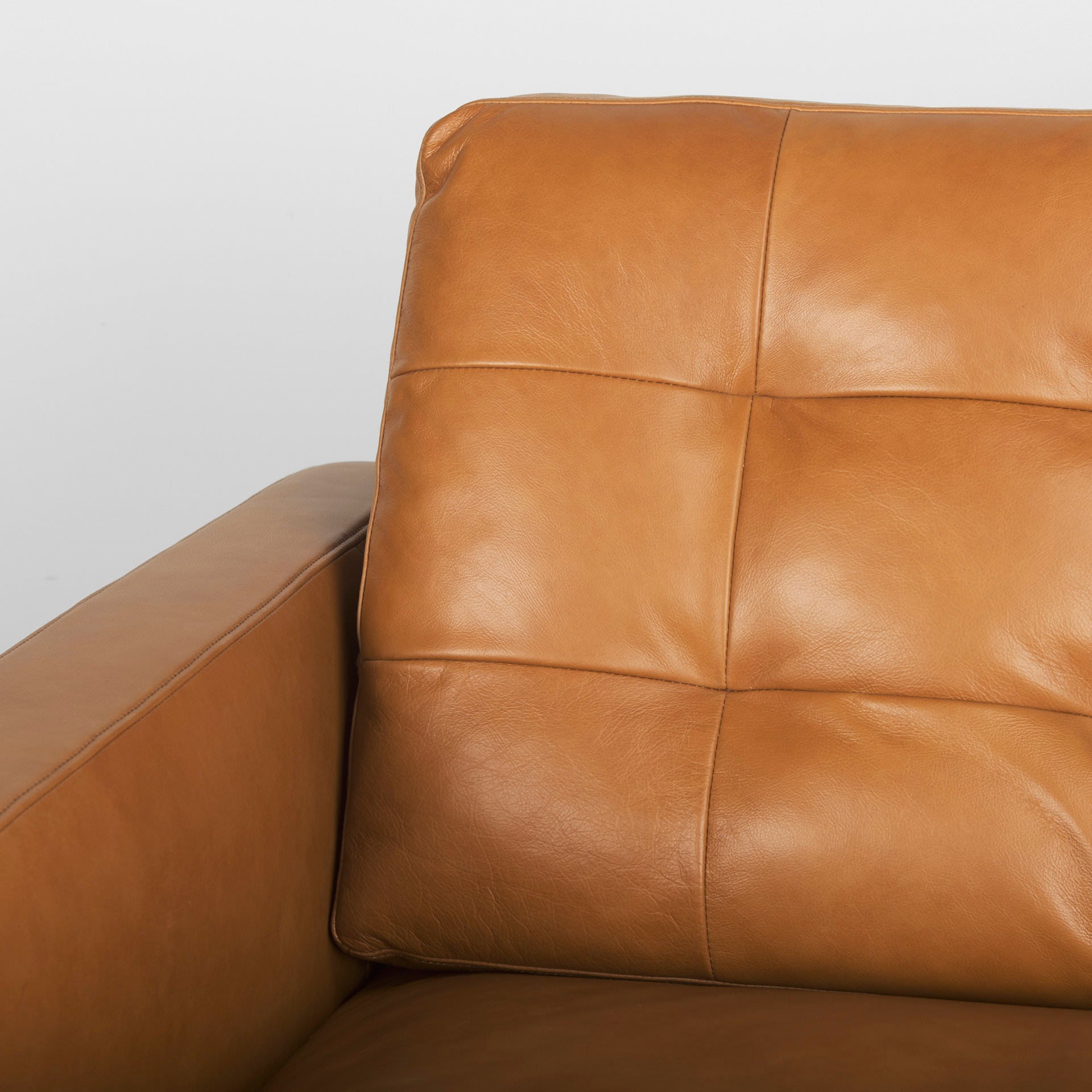 Close up of Olaf Tan Leather Sofa on a white background