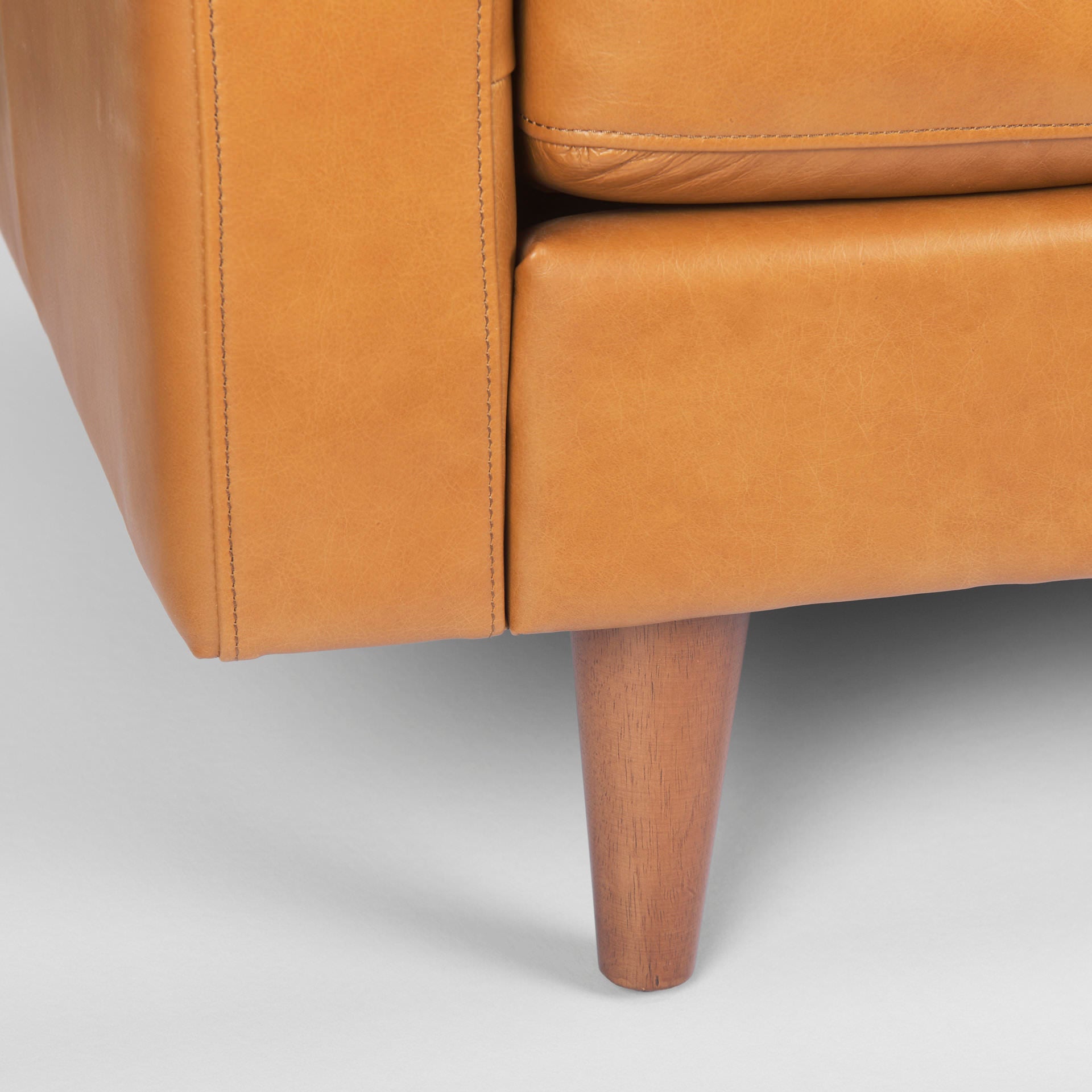 Close up of Olaf Tan Leather Sofa on a white background